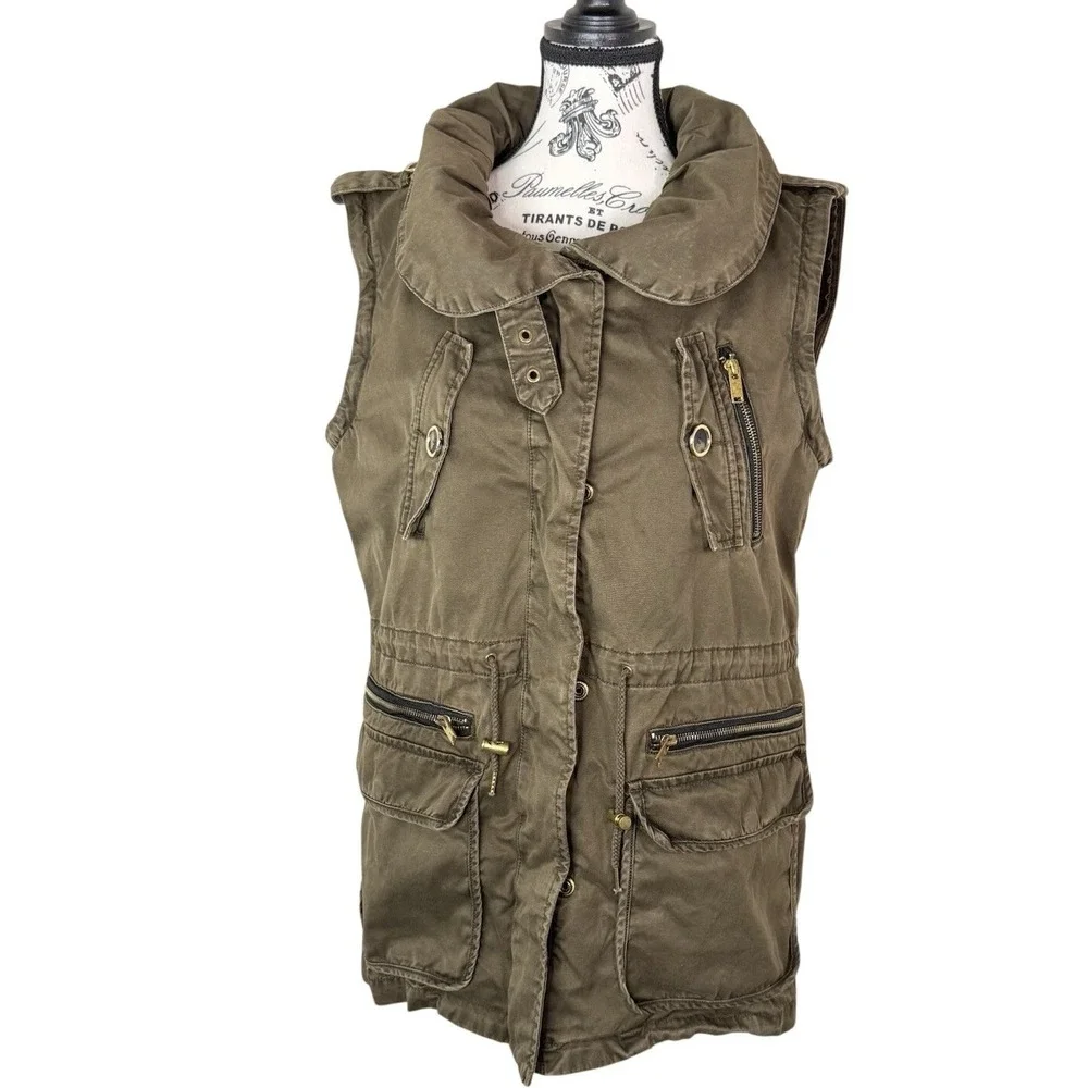 ZARA Woman Olive Utility Cargo Vest L Sleeveless Anorak Jacket Zip Pockets waist